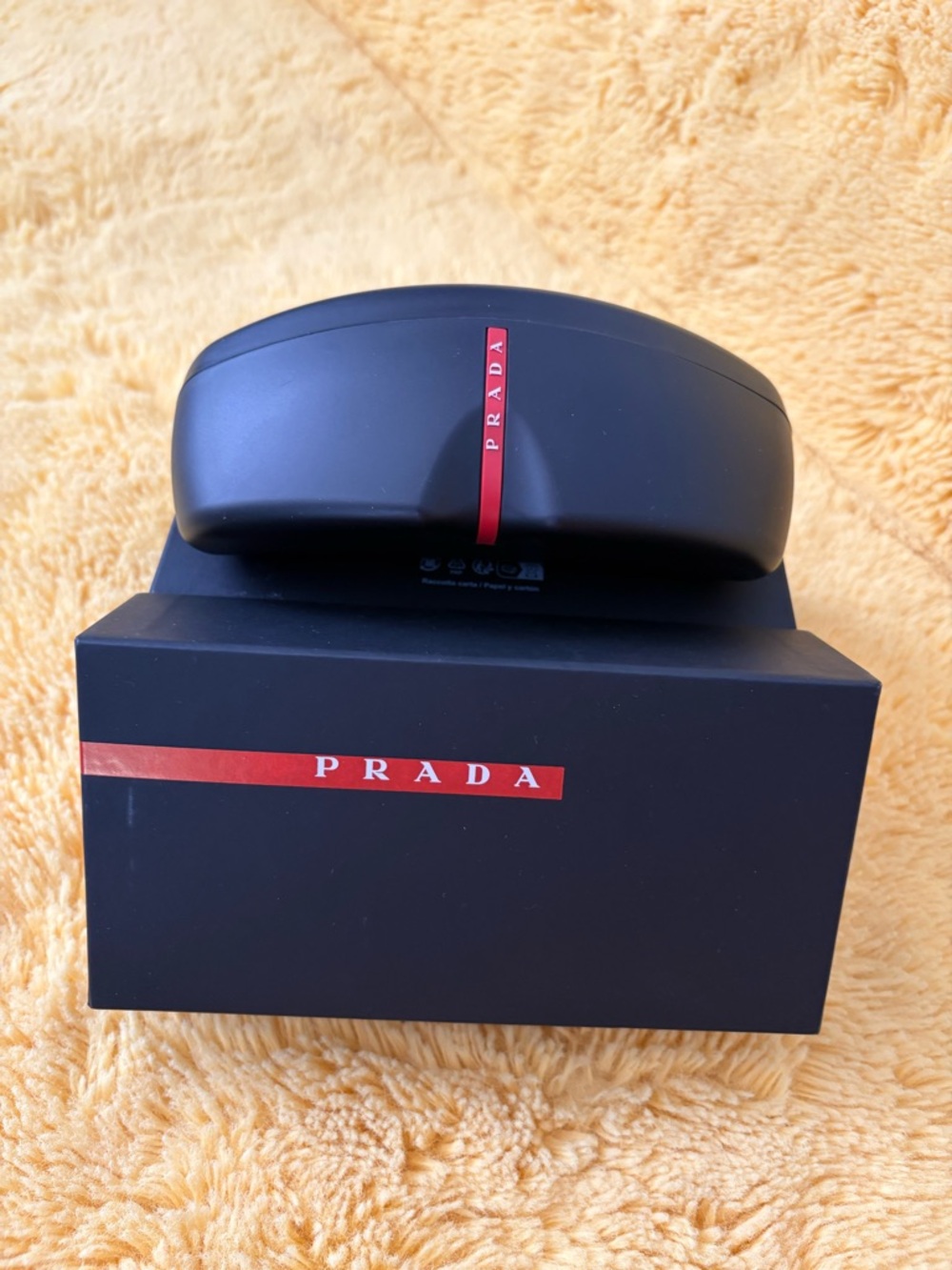 Prada Black Sunglasses Case with Red Stripe and Box